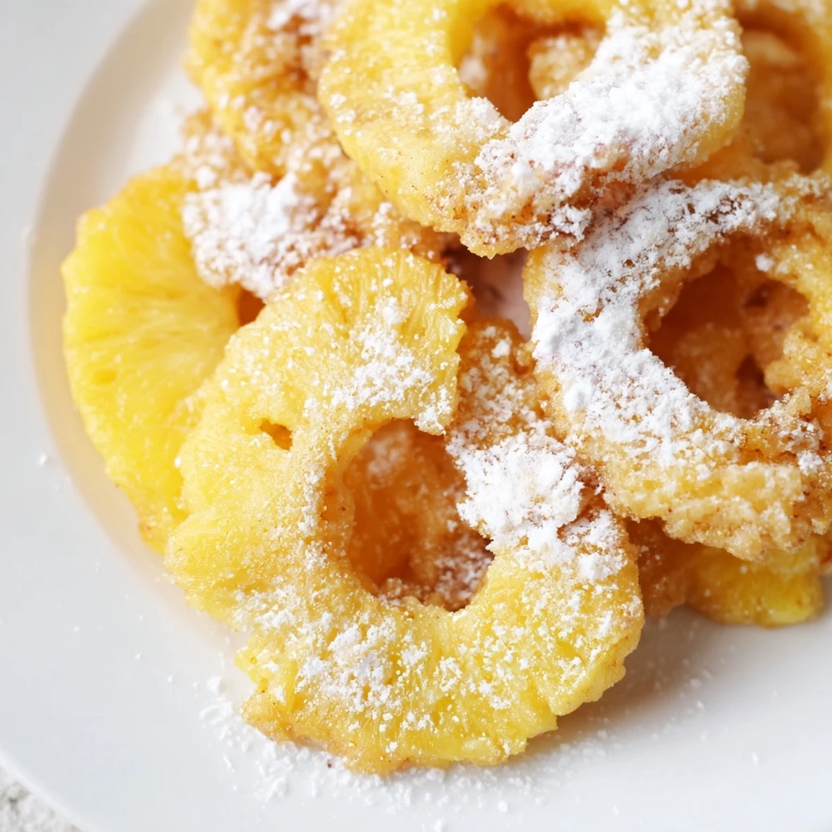 Golden caramelized fried pineapple rings dusted with powdered sugar on a rustic plate