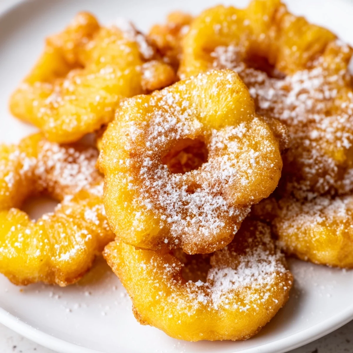 Crispy battered fried pineapple rings drizzled with warm caramel sauce and cinnamon