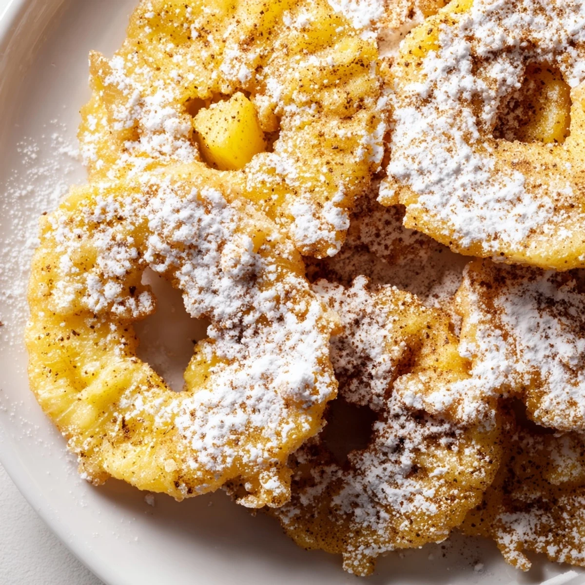 Light and crunchy fried pineapple rings served alongside a scoop of vanilla ice cream