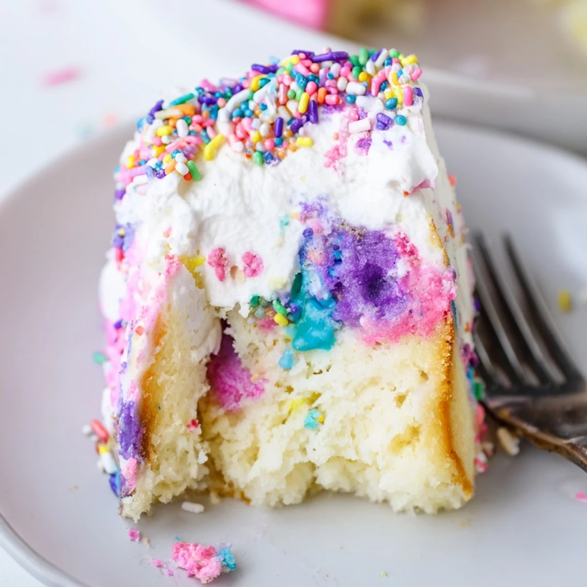 Colorful Unicorn Poke Cake slice with rainbow pudding swirls and whipped topping