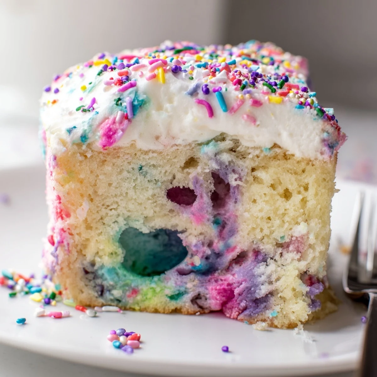 Pastel puddings ooze through moist Unicorn Poke Cake covered in fluffy frosting