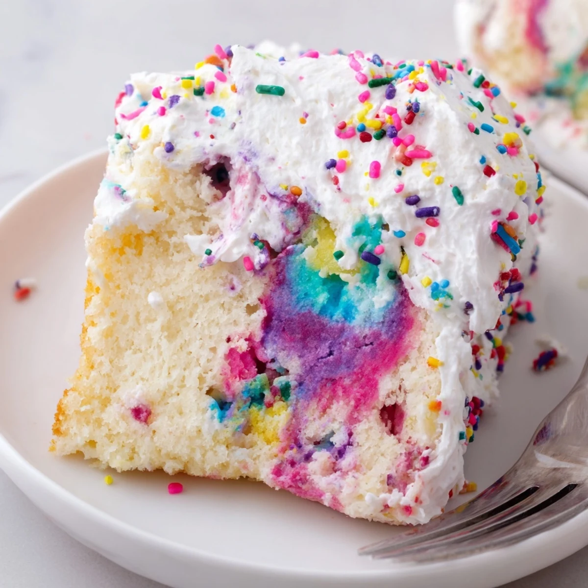Vibrant Unicorn Poke Cake topped with sprinkles in a glass baking dish