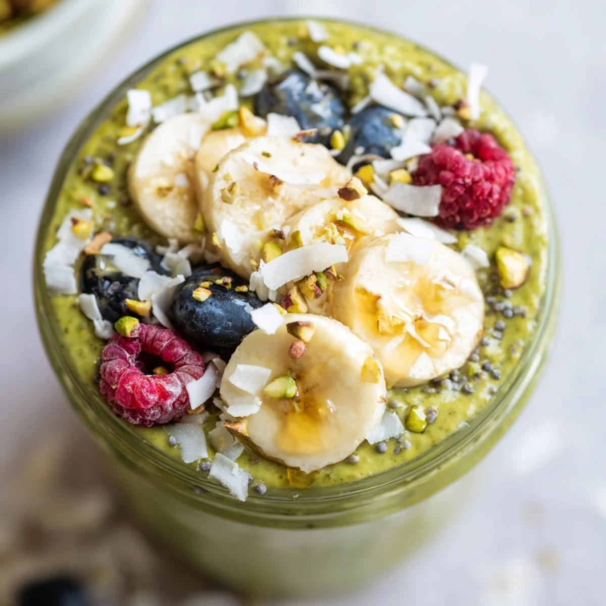 Creamy matcha overnight oats topped with fresh berries and sliced banana