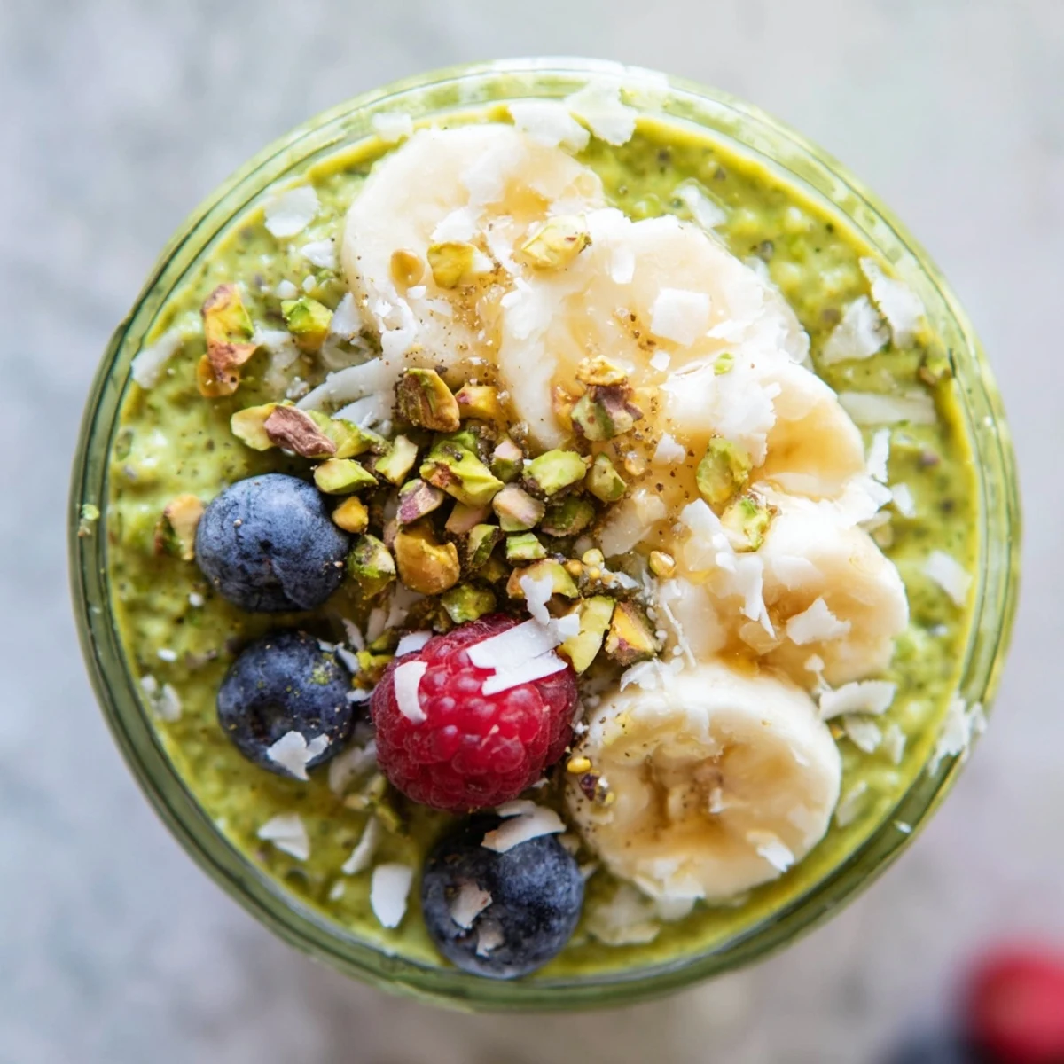 Vibrant green matcha overnight oats in a jar with coconut flakes and chopped pistachios