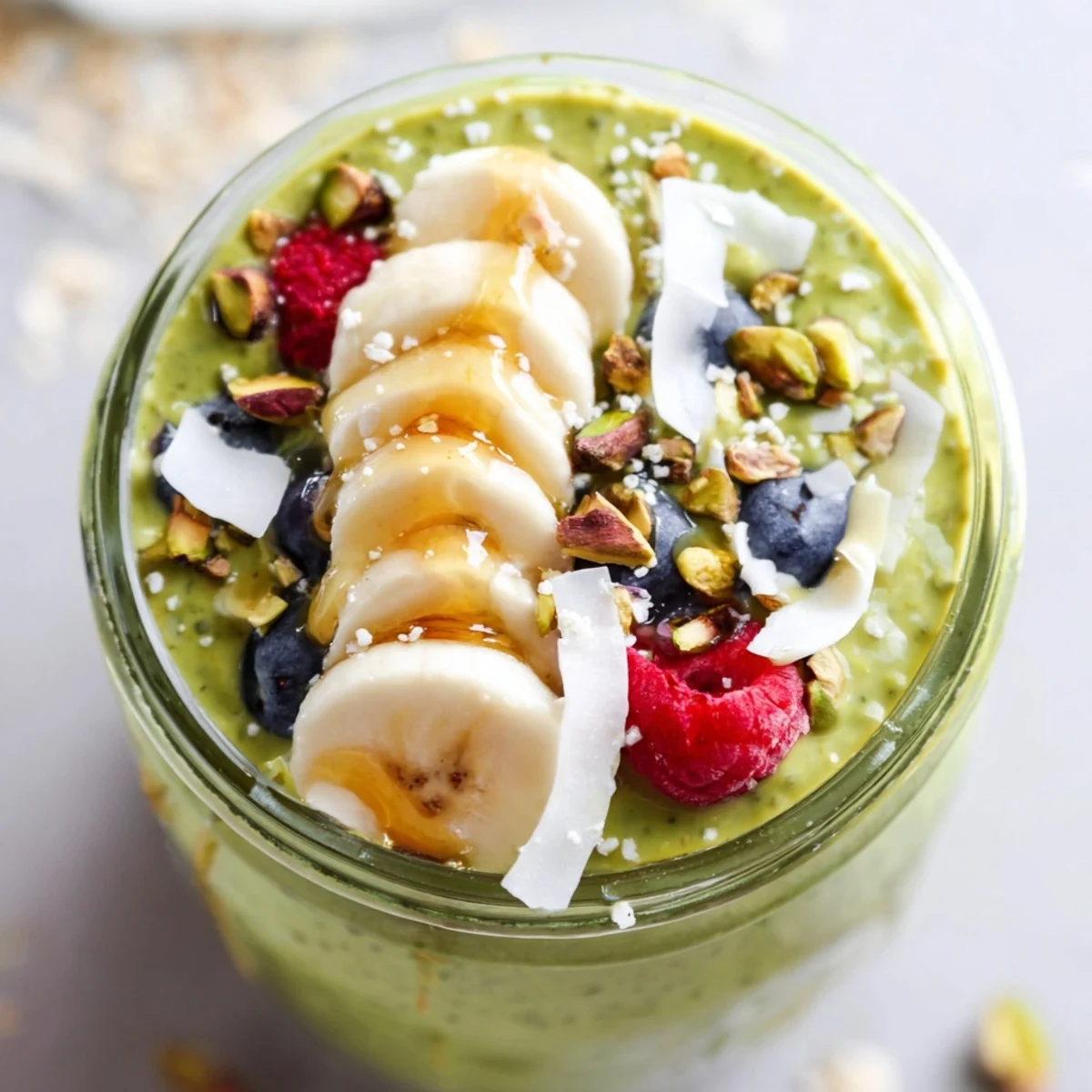 Smooth matcha overnight oats served cold with a drizzle of honey and crunchy almonds