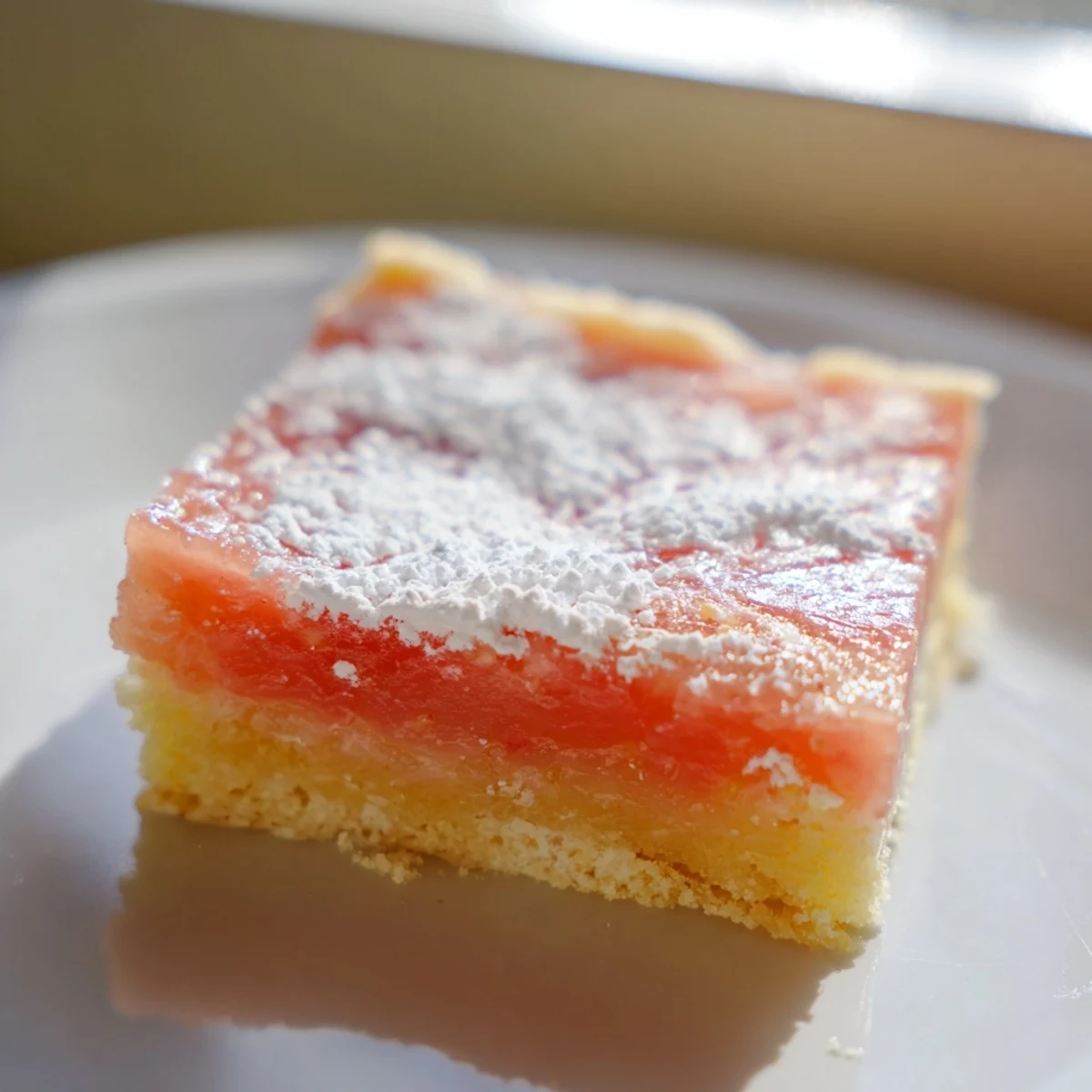 Grapefruit Bars with bright pink custard on a buttery golden shortbread crust
