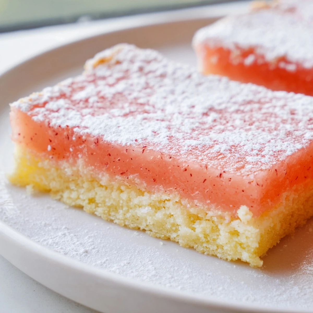 Tangy Grapefruit Bars dusted with powdered sugar on a rustic cutting board