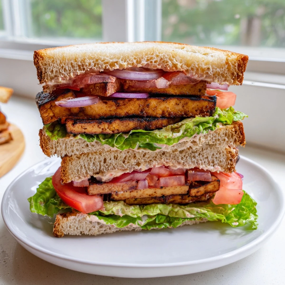 Smoky Tofu TLT Sandwich stacked with crisp lettuce and juicy ripe tomatoes on toasted sourdough bread