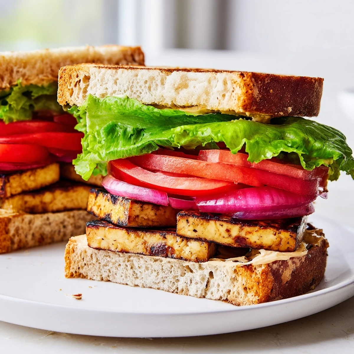 Vegan TLT Sandwich featuring chargrilled smoky tofu ripe tomato slices and cool crisp lettuce