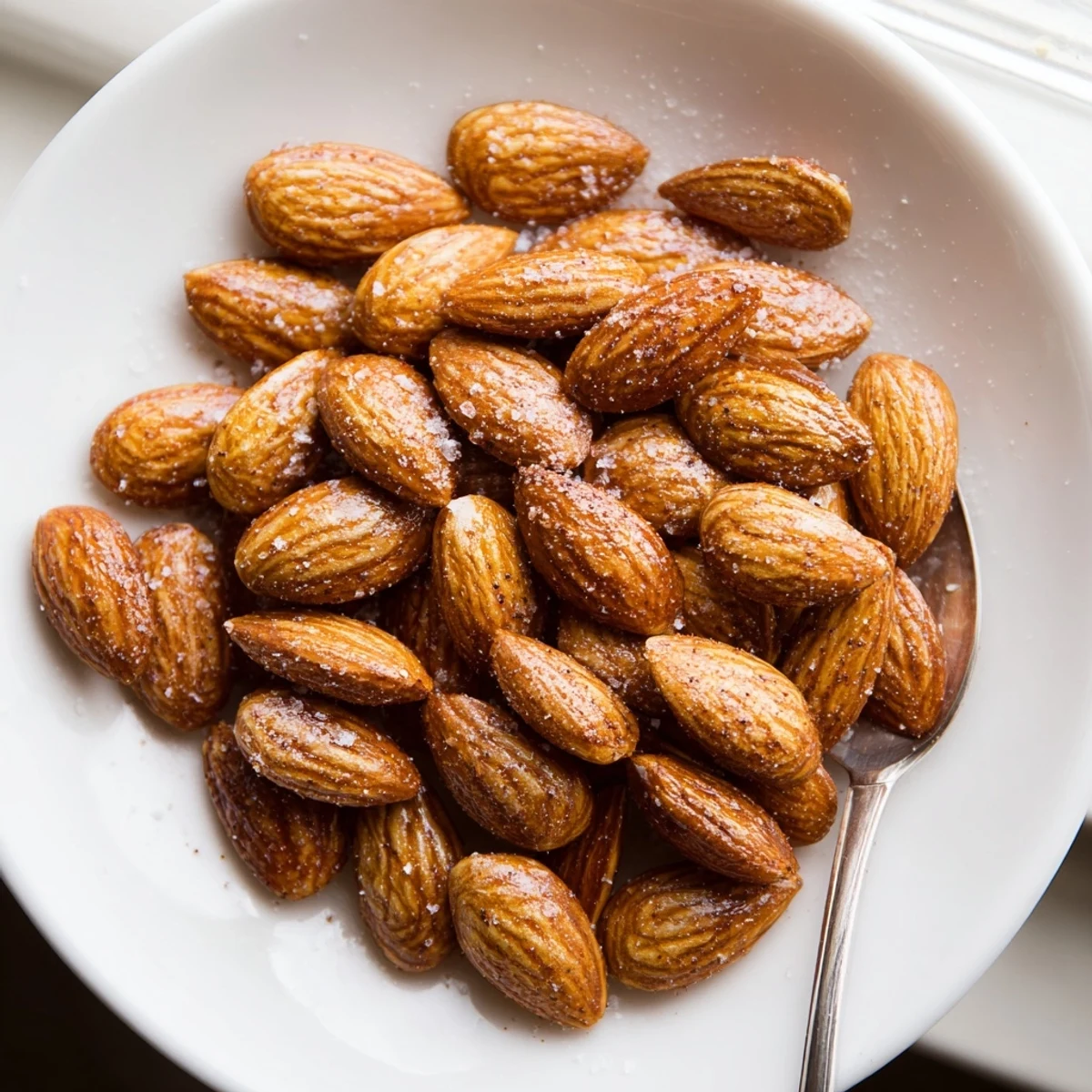 Golden roasted almonds scattered on parchment, warm and fragrant from the oven