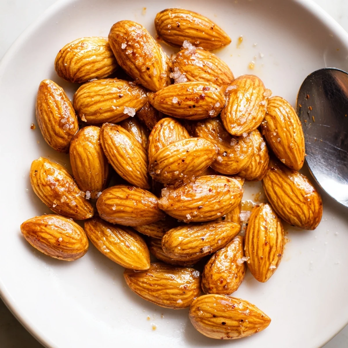 Smoky paprika-dusted roasted almonds piled on a wooden serving board
