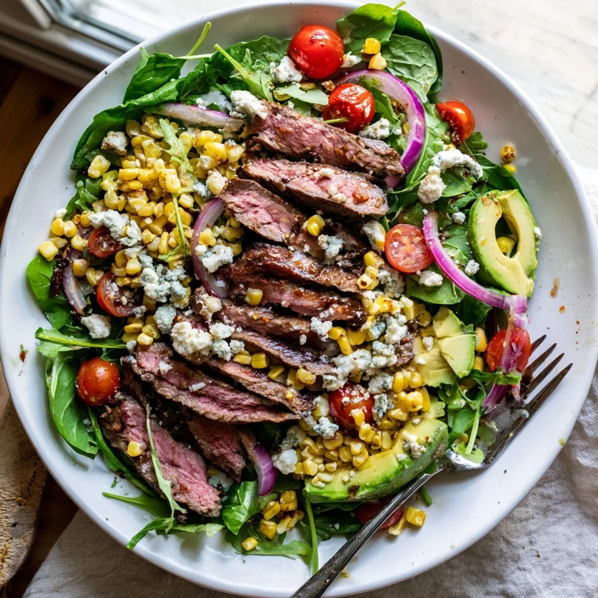 Sliced balsamic steak arranged over a vibrant Gorgonzola salad with grilled corn