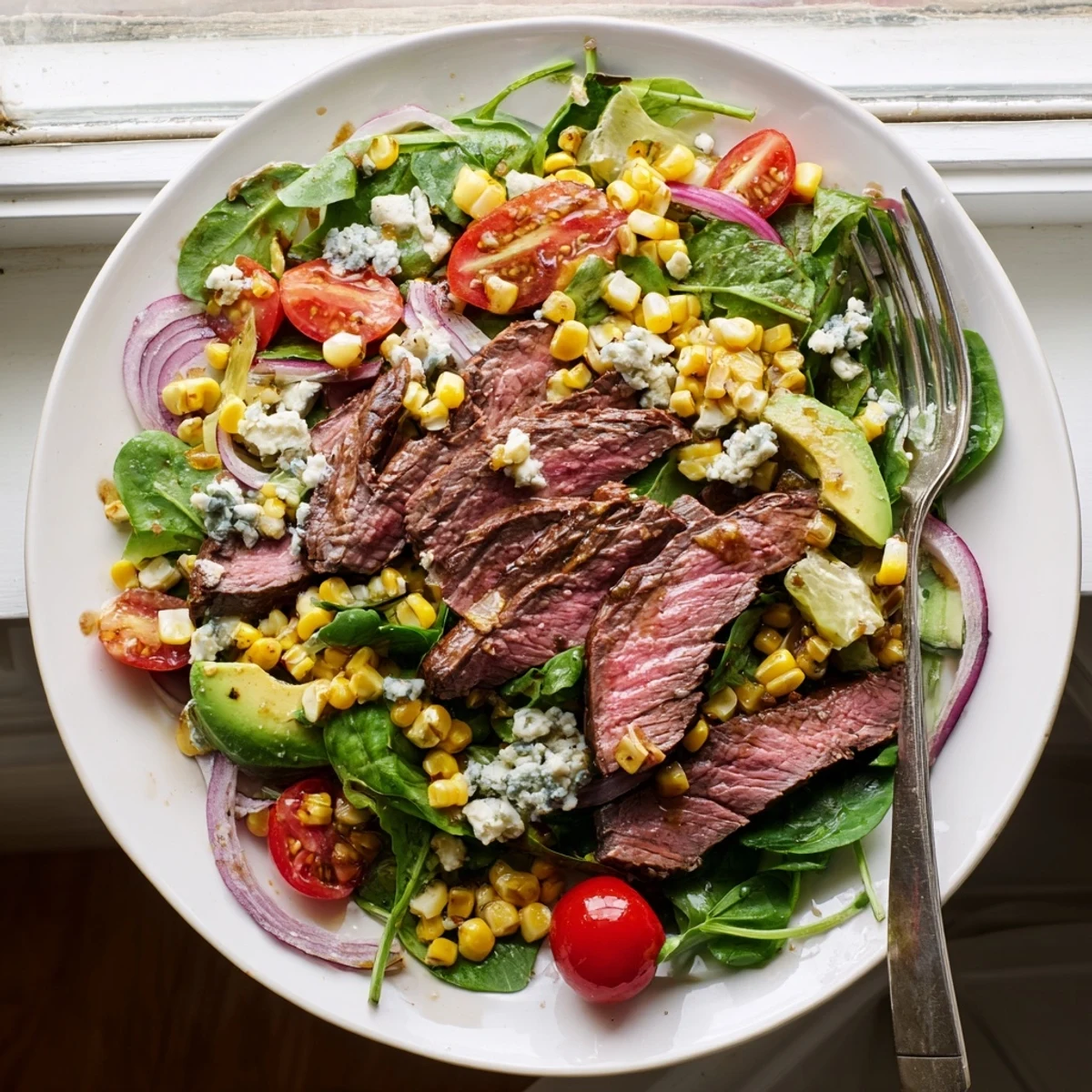 Juicy marinated steak atop crisp greens, crumbled Gorgonzola, and charred sweet corn
