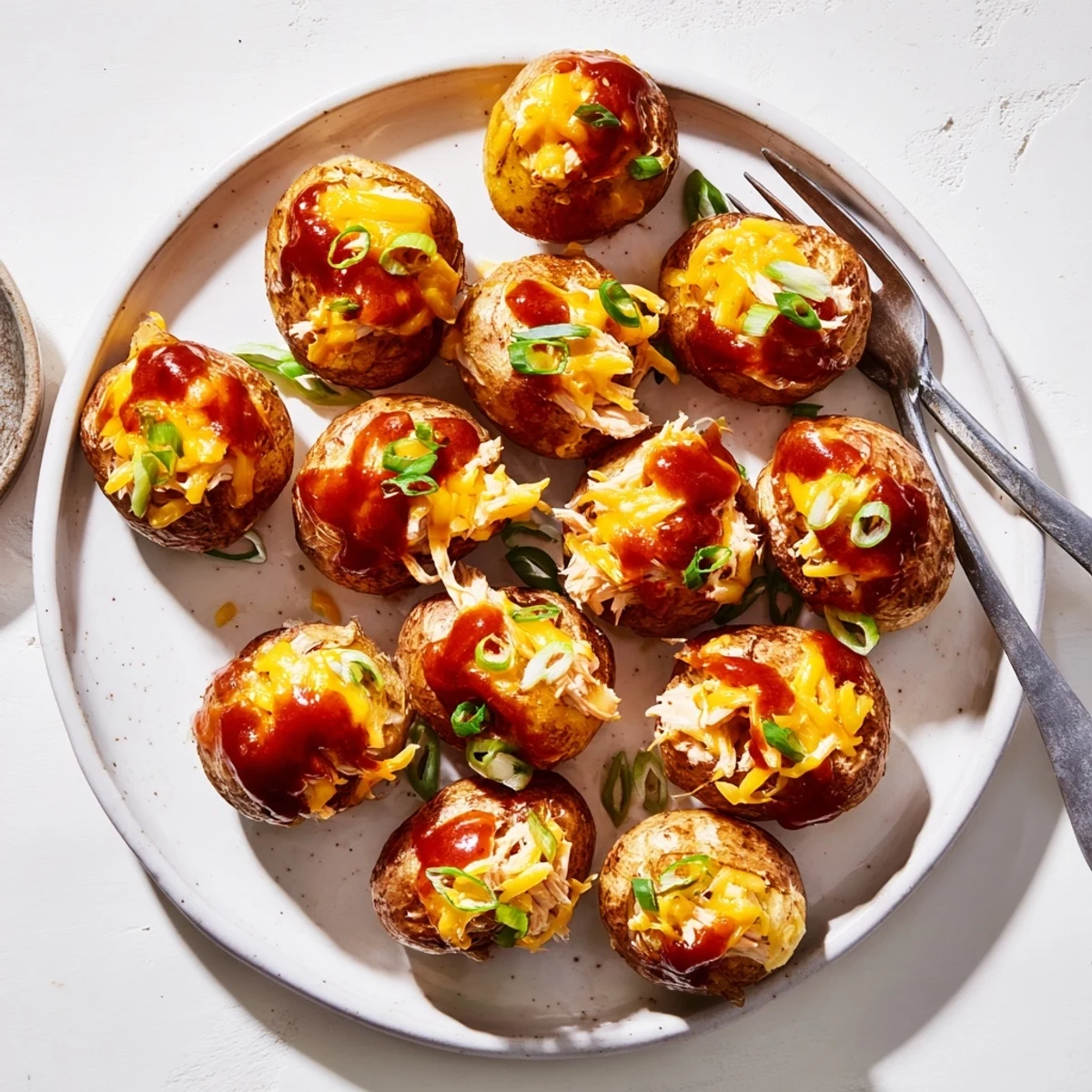 Golden roasted baby potatoes loaded with honey BBQ chicken and melted cheddar cheese