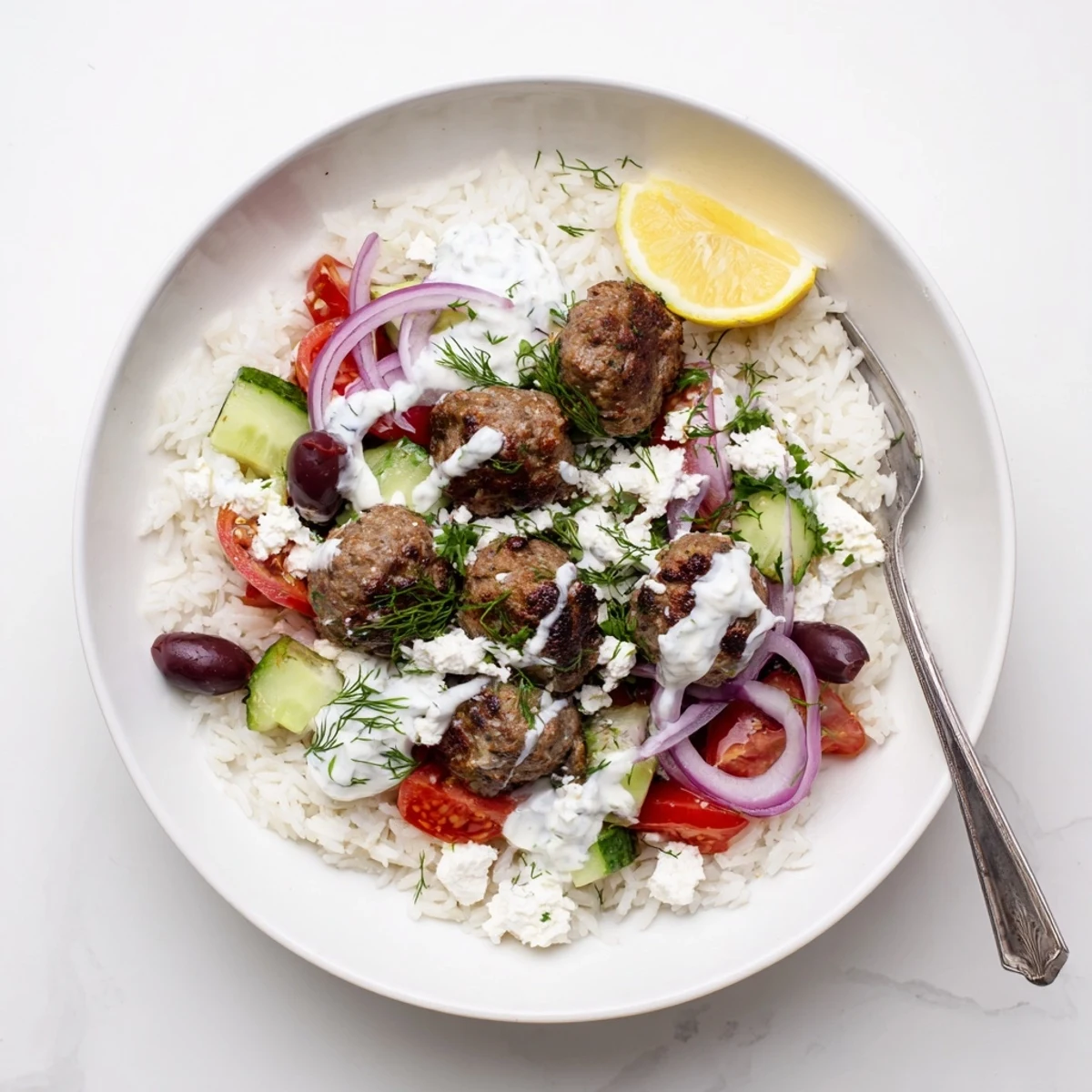 Golden brown Greek meatball bowl with creamy tzatziki, feta, and ripe cherry tomatoes