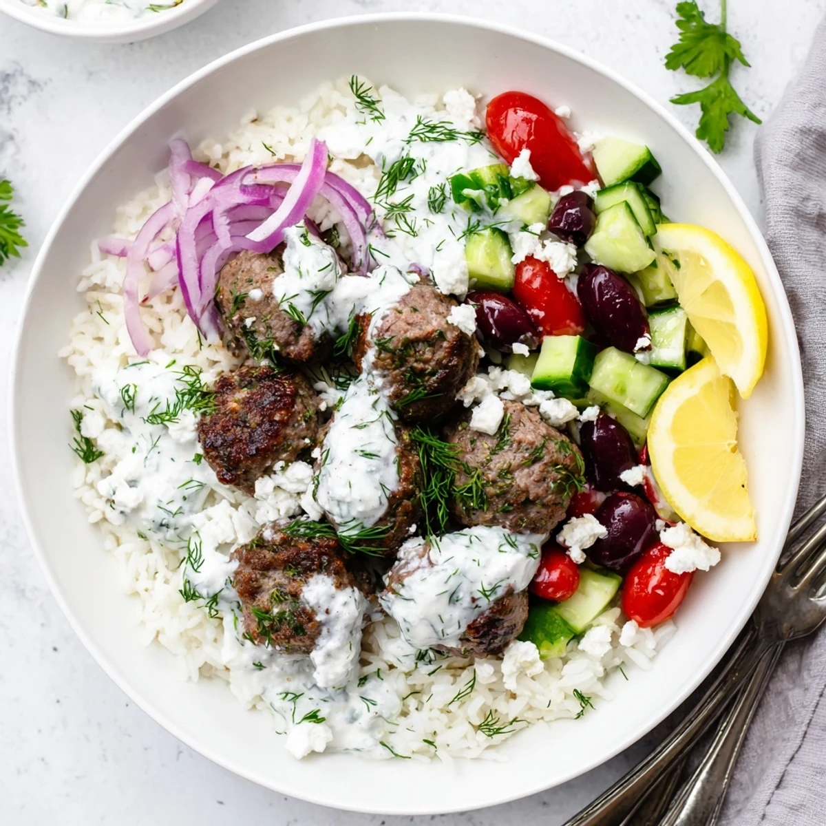 Crispy-edged Greek meatball bowl piled with Kalamata olives, cucumbers, and crumbled feta