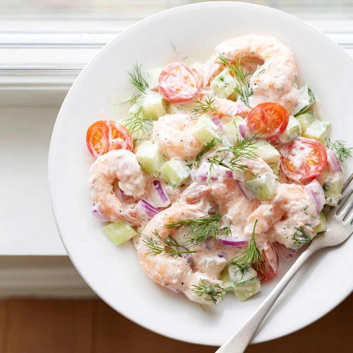 A refreshing shrimp salad recipe served on leafy greens with cherry tomatoes