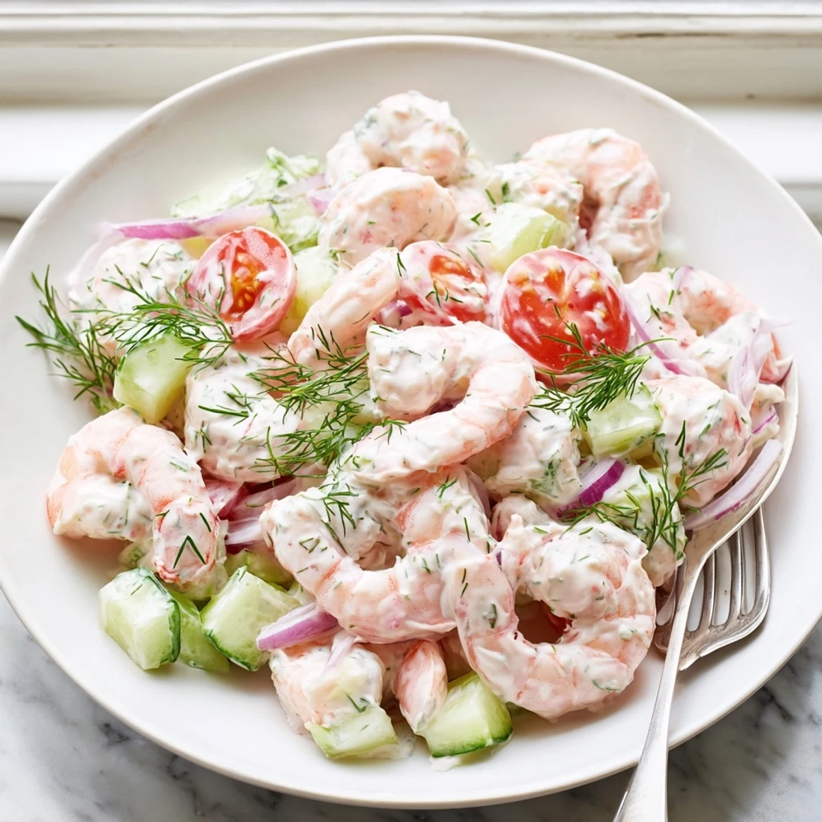Chilled shrimp salad recipe with pink shrimp, crisp celery, and zesty lemon dressing