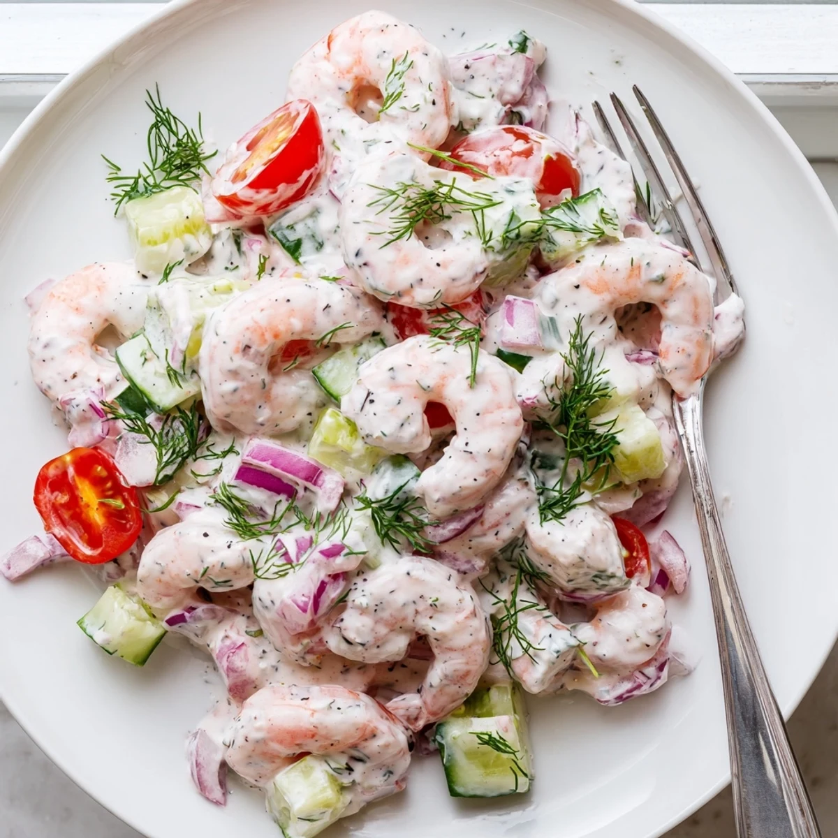 Plump shrimp salad recipe tossed in creamy dill dressing alongside diced cucumber