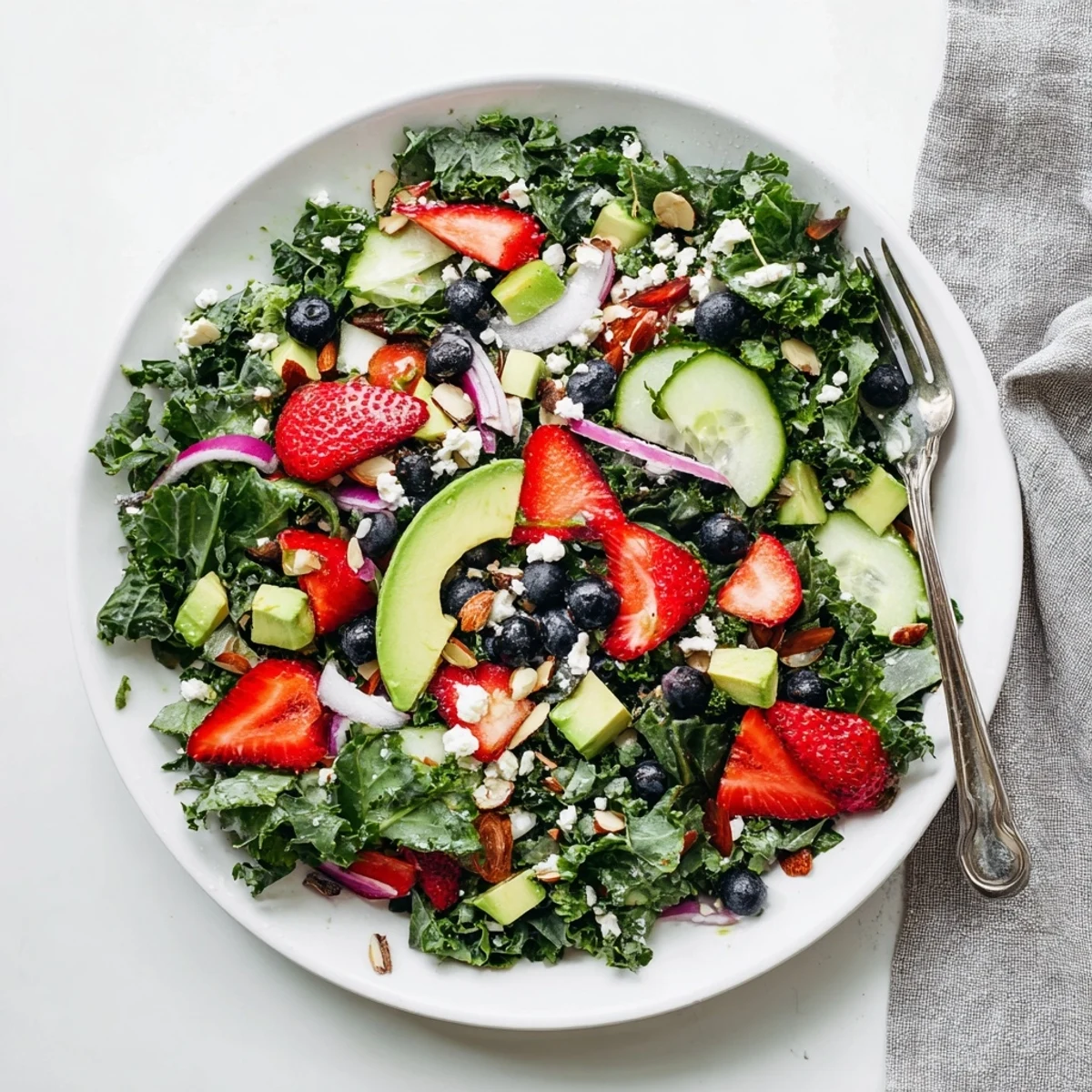 Chopped kale tossed with juicy strawberries, avocado, and a drizzled lemon-honey vinaigrette