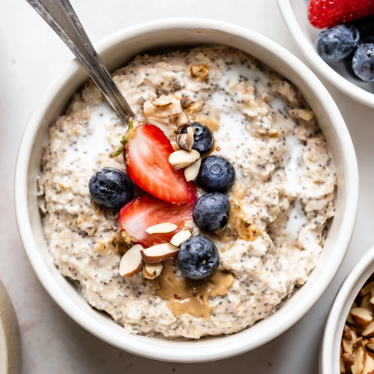 Creamy Protein Overnight Oats in jar topped with fresh berries and nuts.
