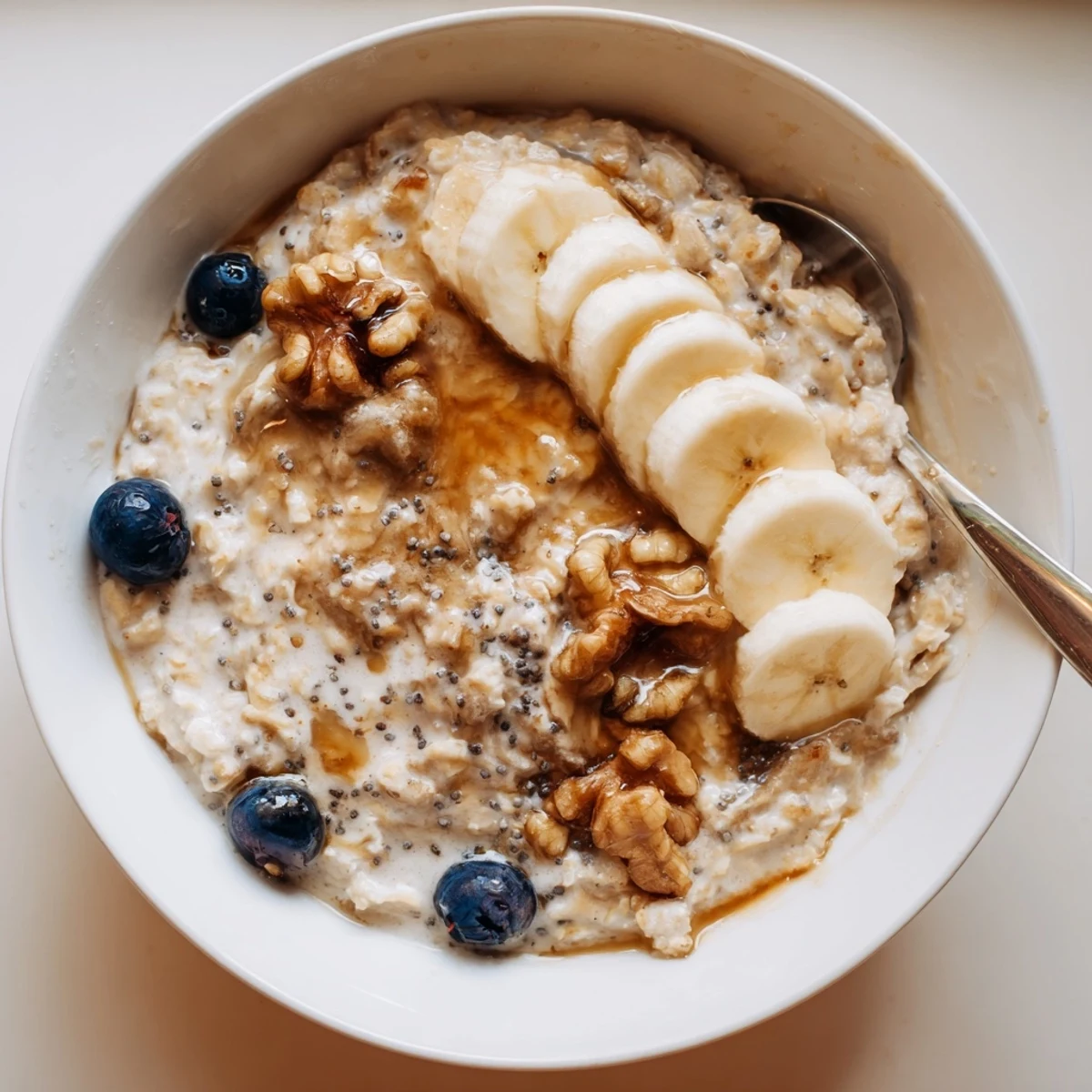 Creamy Protein Oatmeal steaming in bowl topped with banana and berries