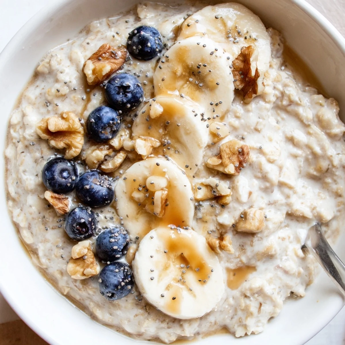 Quick post workout Protein Oatmeal ready in fifteen minutes, topped with berries
