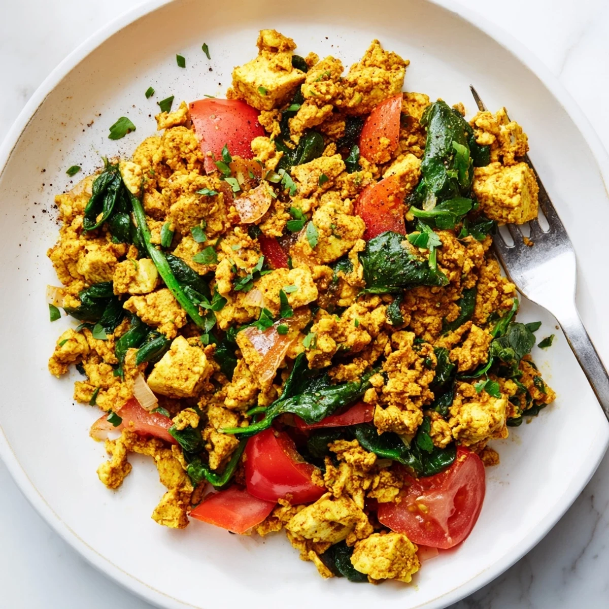 Tofu Scramble sizzling in skillet with wilted spinach and bright peppers