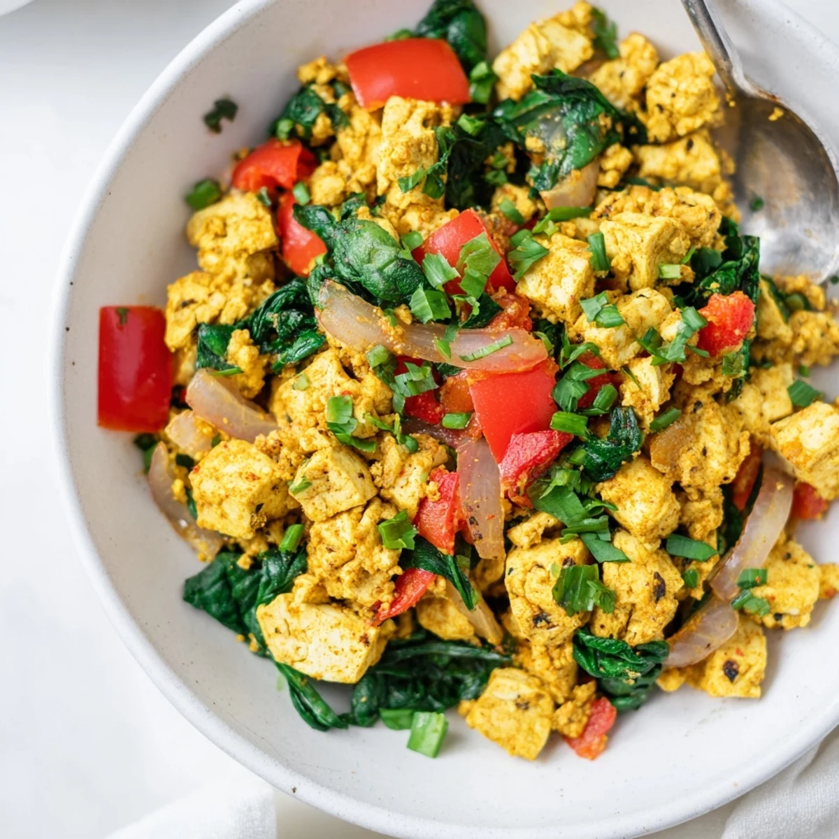Golden Tofu Scramble spiced with turmeric and kala namak, steaming on plate