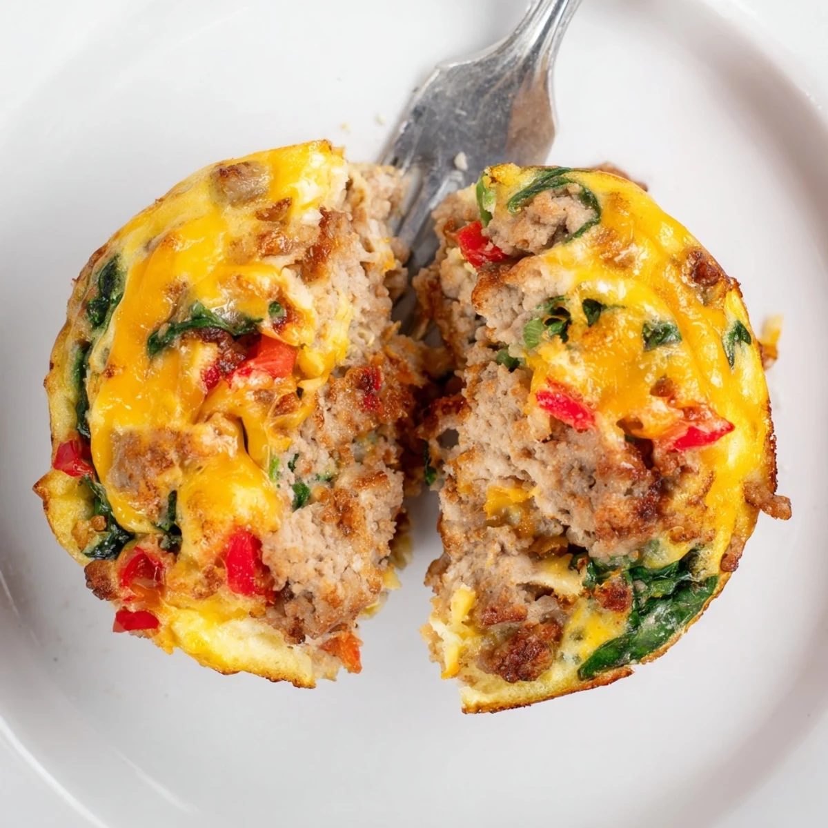 Bite-sized Turkey Sausage Egg Muffins with melted cheddar and flecks of spinach