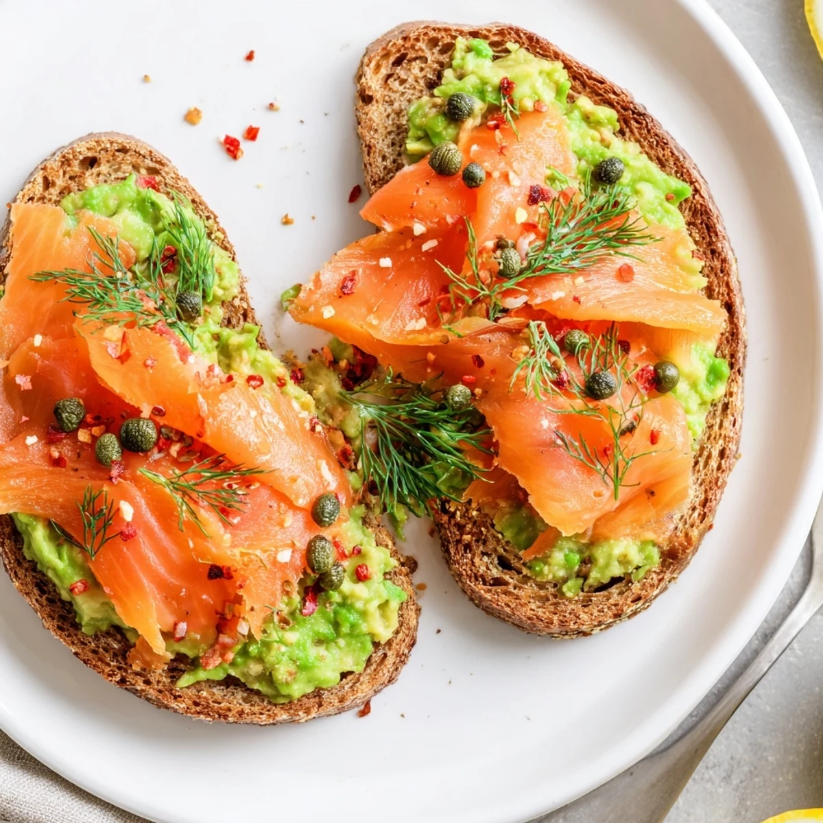Citrus-bright Salmon Avocado Toast on toasted sourdough, silky smoked salmon.