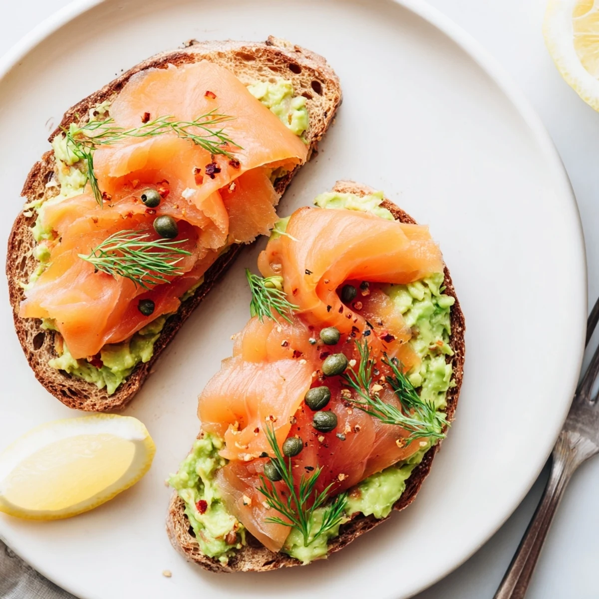 Salmon Avocado Toast layered with mashed avocado, capers, red pepper flakes.