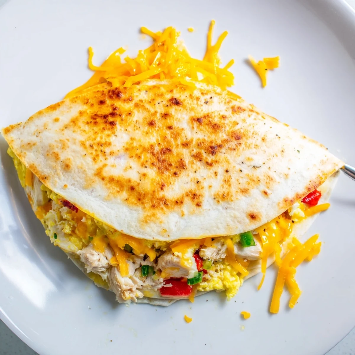 Chicken Breakfast Quesadilla with golden toasted tortilla, melty cheese, and scrambled eggs