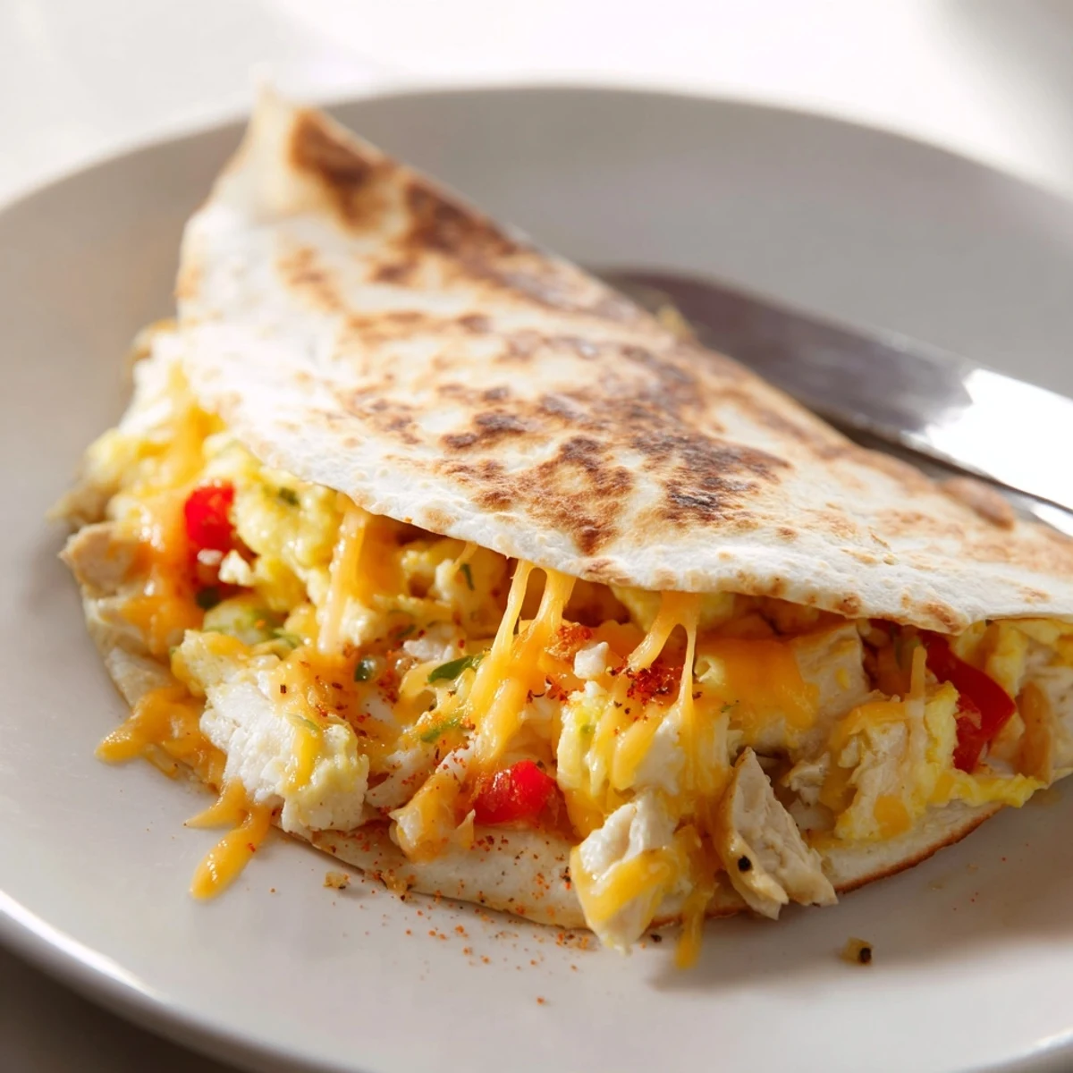 Pan-toasted Chicken Breakfast Quesadilla oozing cheddar, smoky paprika, served with salsa