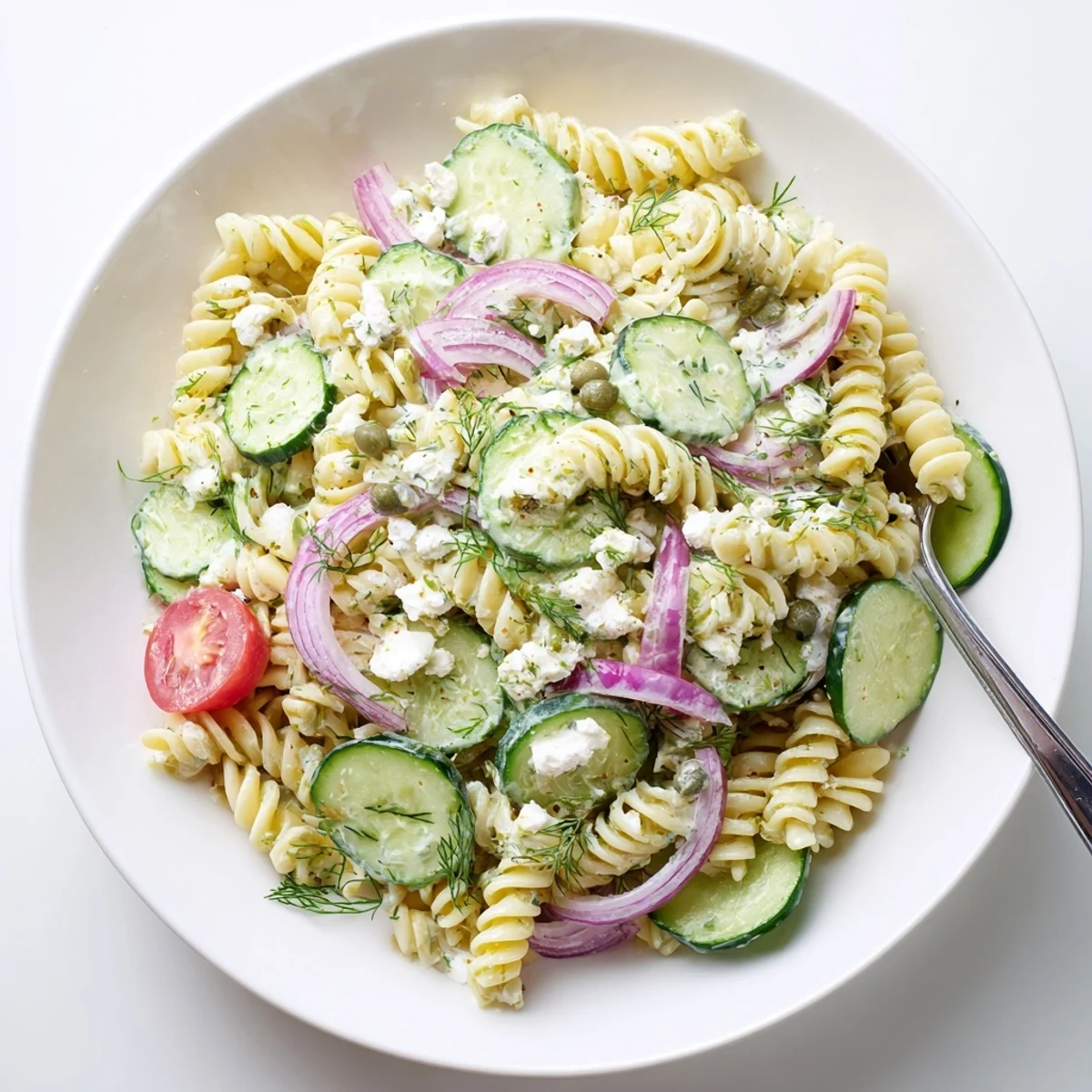 Chilled Cucumber Pasta Salad served at picnics, bright lemon and fresh dill.
