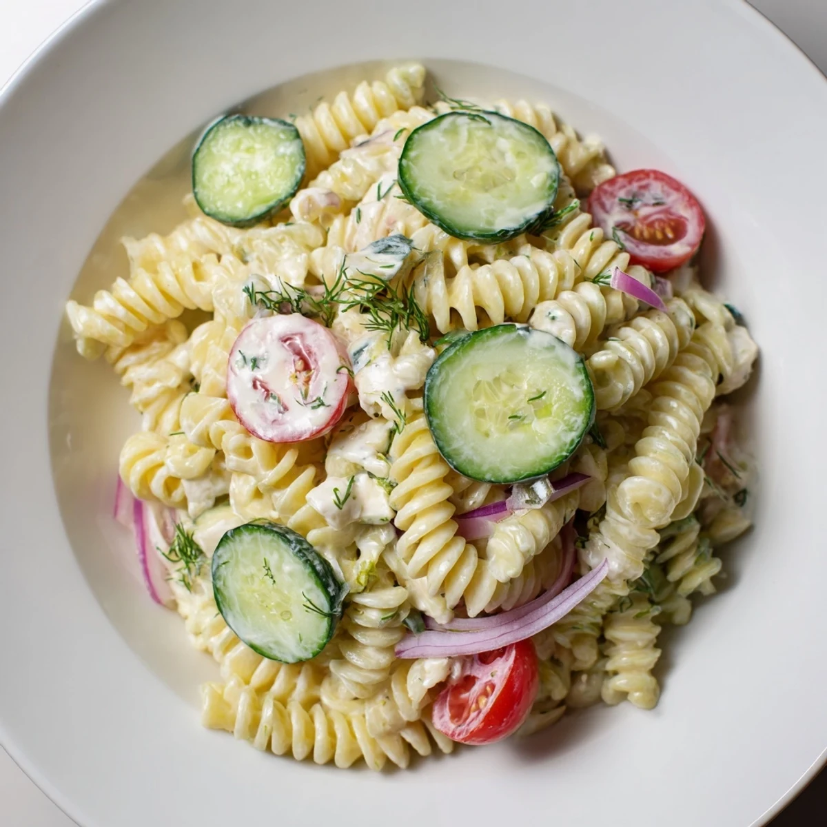 Cucumber Pasta Salad with creamy yogurt dressing, cool slices and tender pasta.