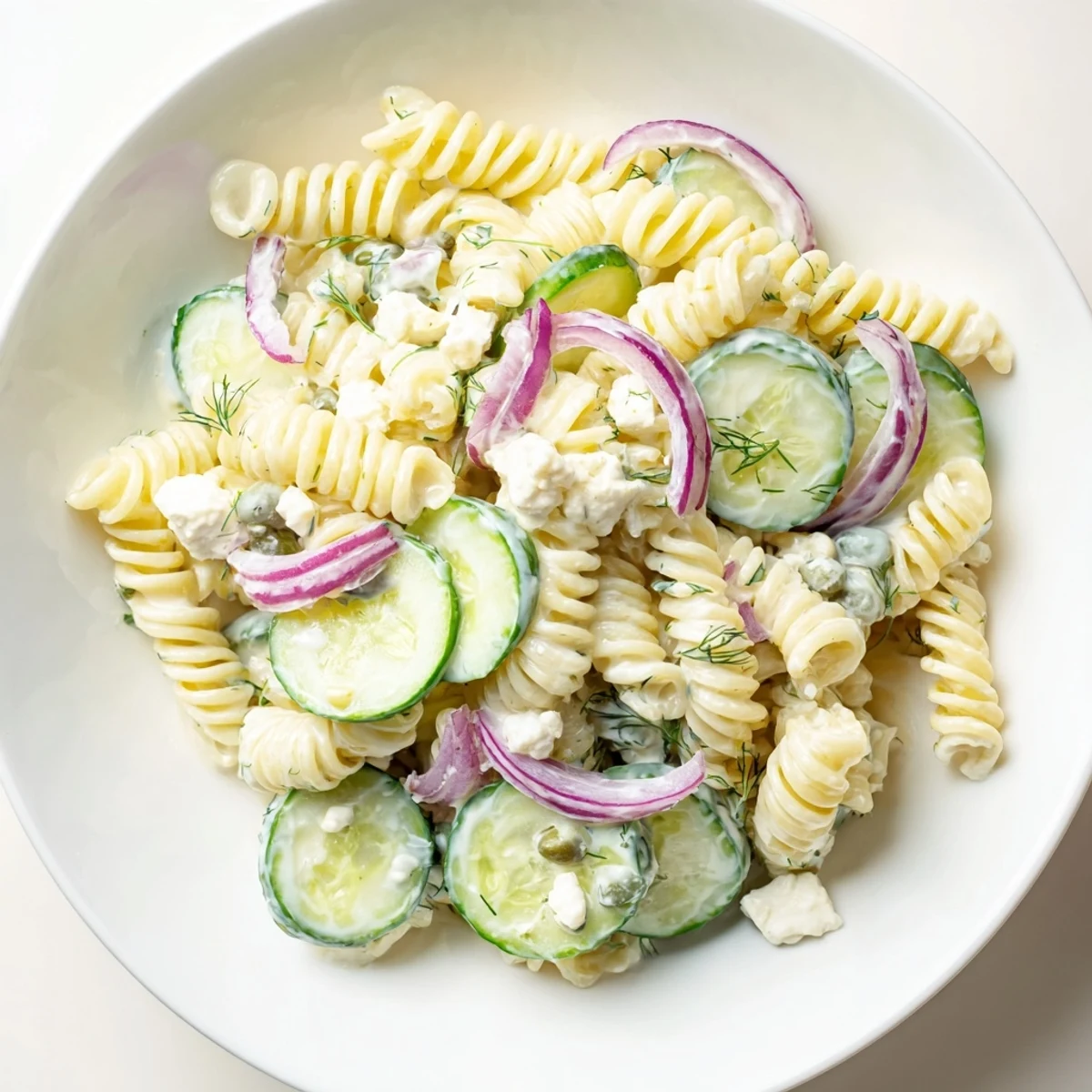 Tossed with cherry tomatoes, red onion, and feta, the Cucumber Pasta Salad.
