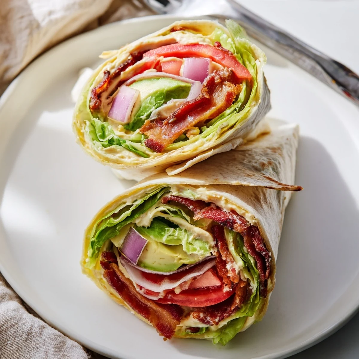 Close-up of Meal Prep BLT Wraps showing creamy Dijon mayo and avocado