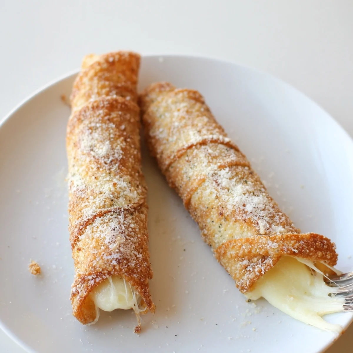Warm Crispy Cheesy Roll Ups on parchment, buttery crunch with garlic-Parmesan aroma