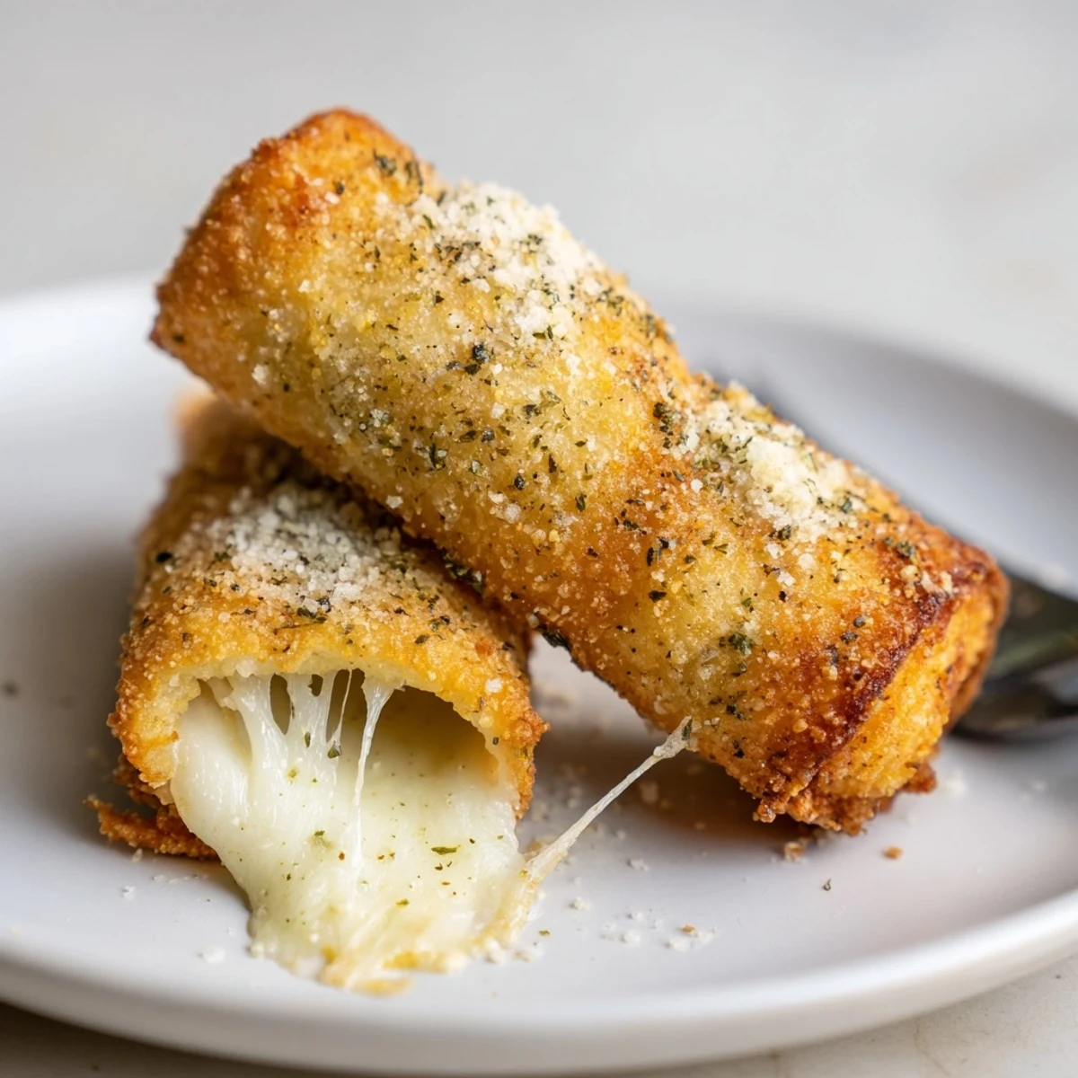 Family-style Crispy Cheesy Roll Ups plated for snacking, crispy edges, oozy centers