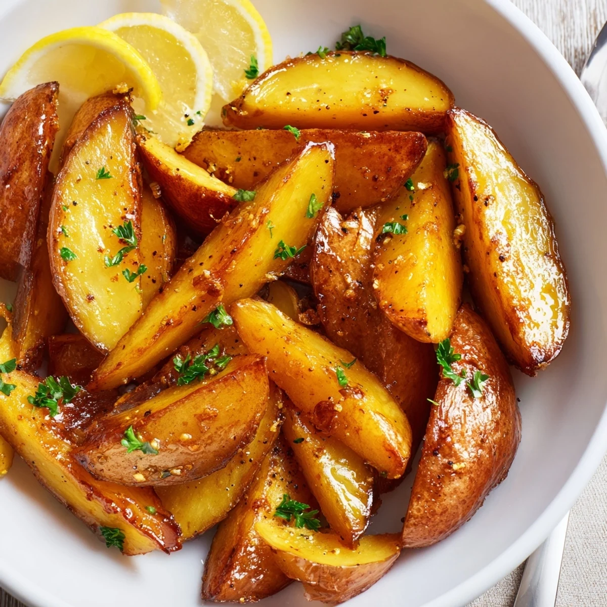Authentic Greek Lemon Potatoes Recipe with crispy edges, tender centers and parsley  