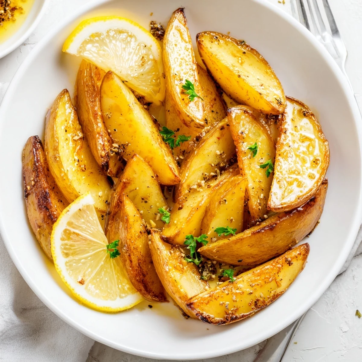 Serve hot Authentic Greek Lemon Potatoes Recipe beside grilled chicken and tzatziki