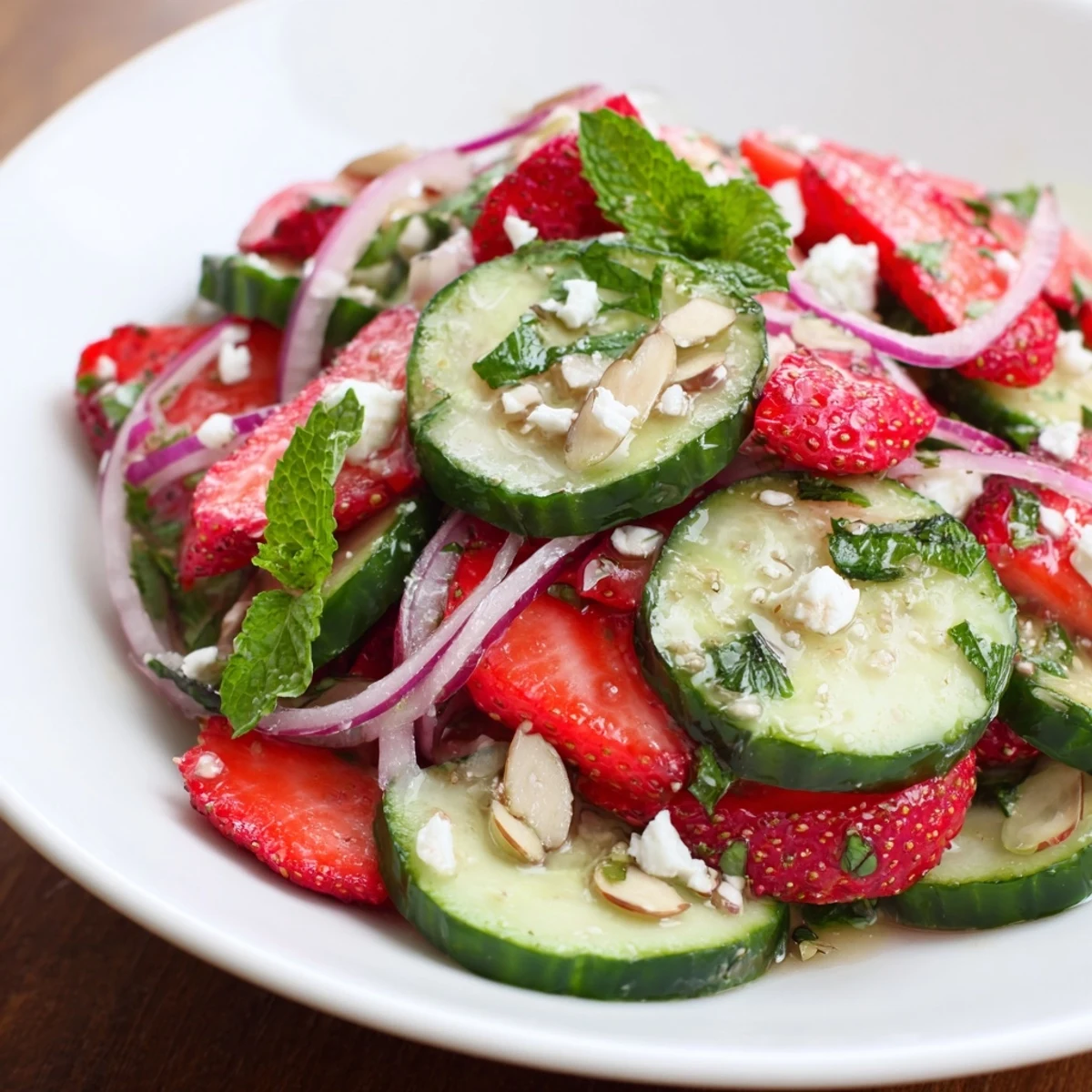 Cucumber Strawberry Salad gently tossed with torn mint and glossy dressing