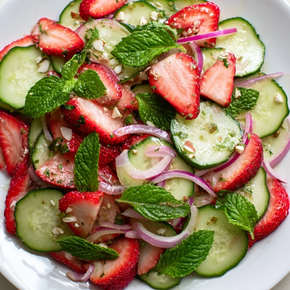 Bright Cucumber Strawberry Salad tossed with feta and toasted almonds, served alongside grilled fish