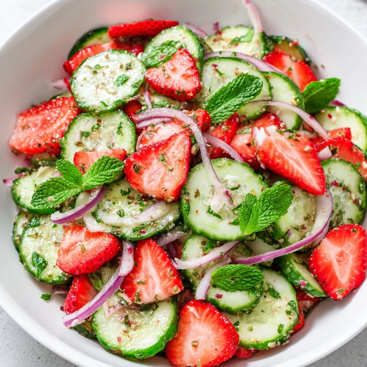 Cucumber Strawberry Salad: crisp cucumber, sweet berries, zesty honey-balsamic drizzle