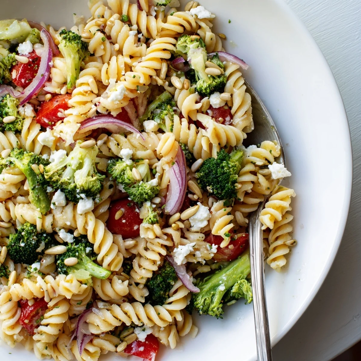 Broccoli Pasta Salad with crisp florets, al dente pasta, zesty vinaigrette