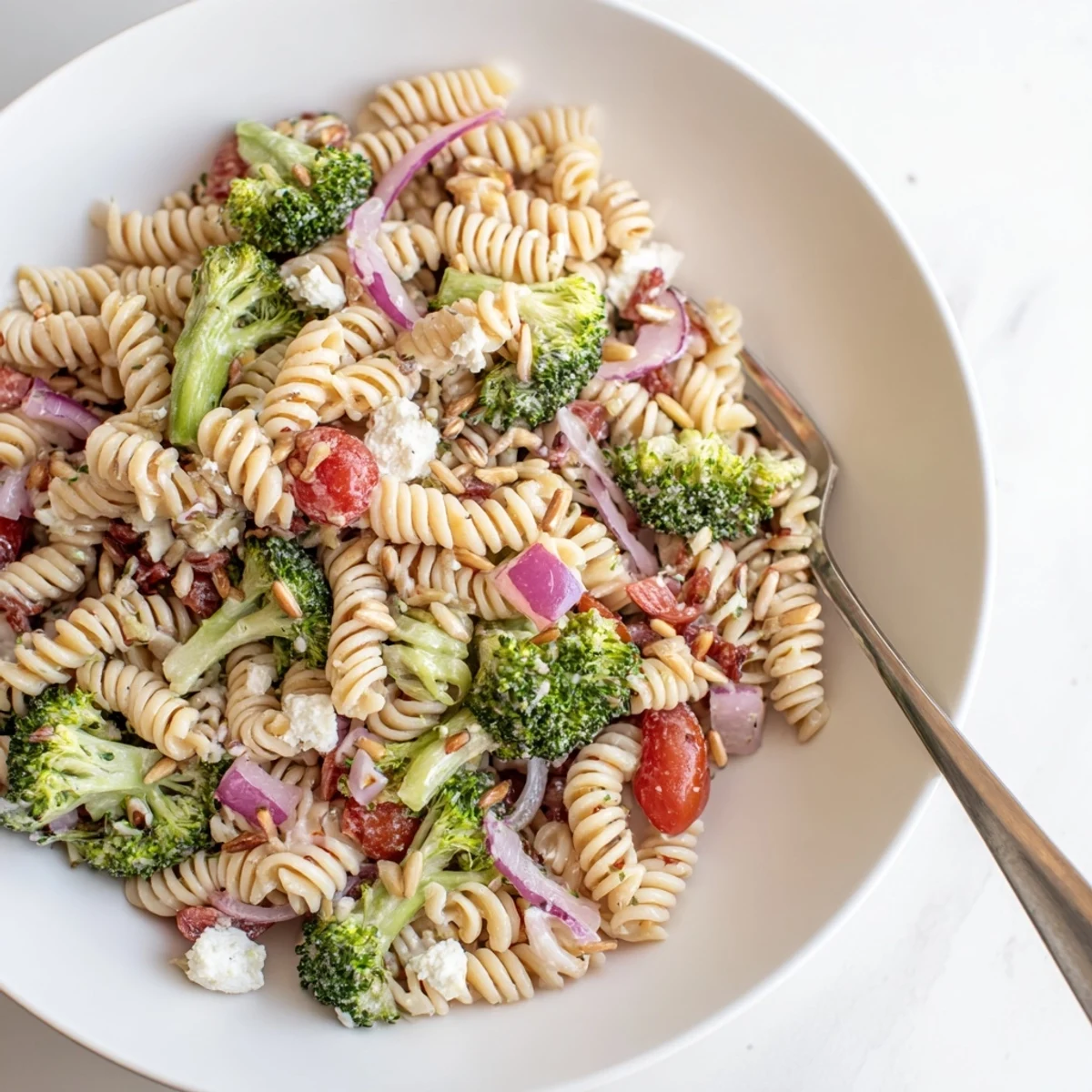 Chilled Broccoli Pasta Salad studded with cherry tomatoes and crumbled feta