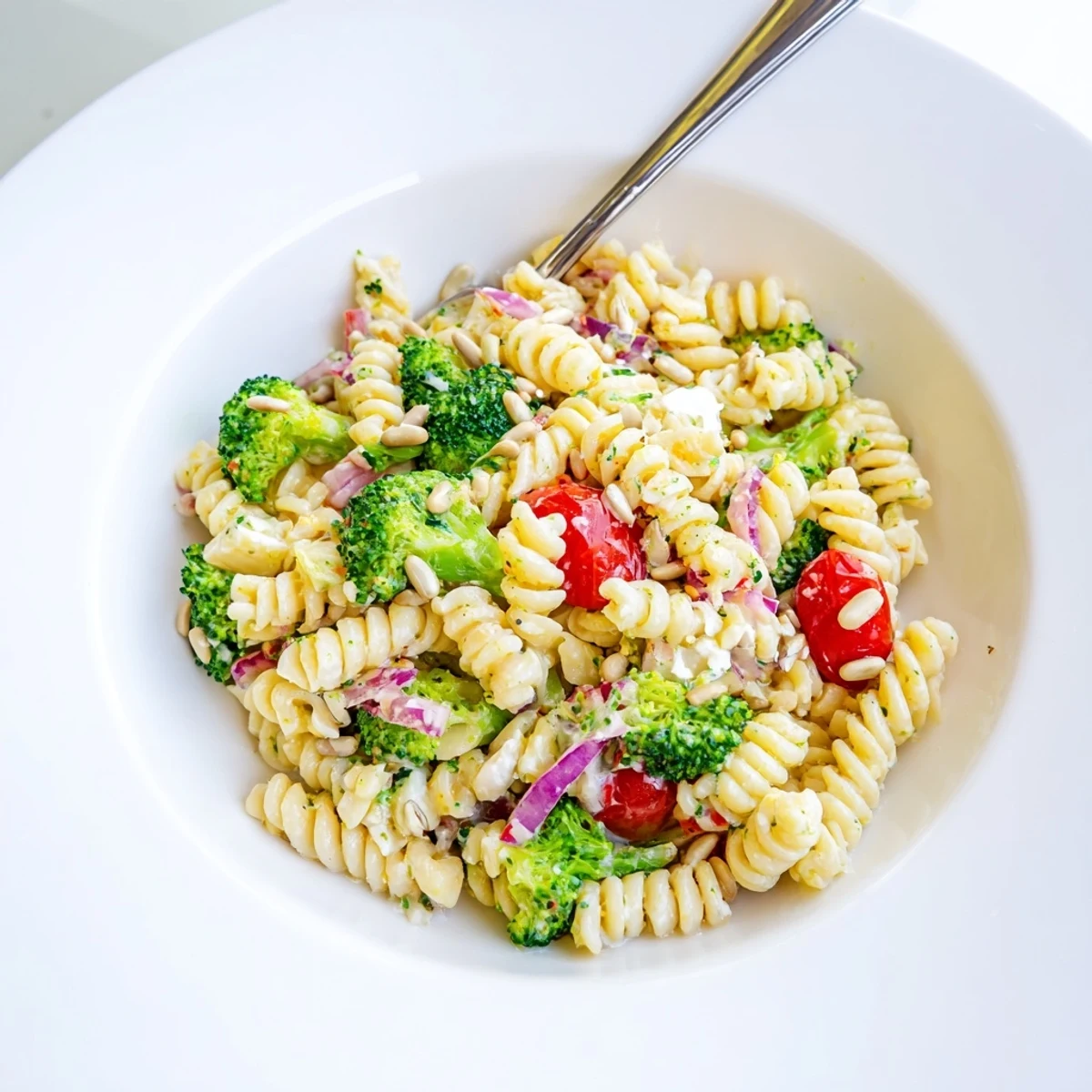 Bright Broccoli Pasta Salad tossed in lemon Dijon dressing for picnic sides