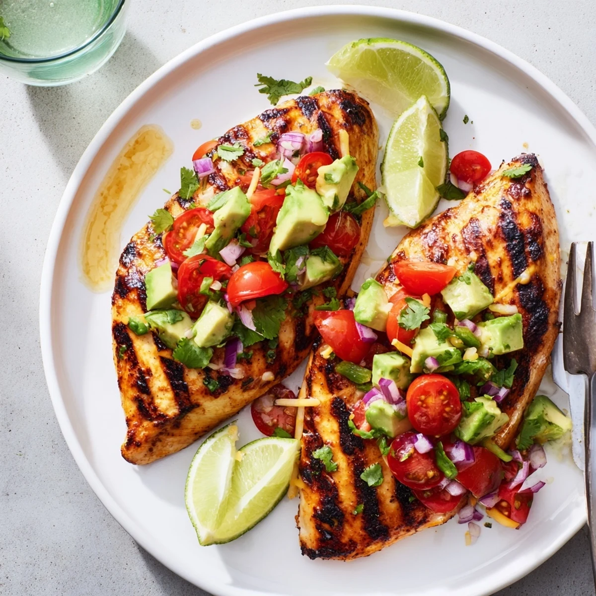 Charred Fiesta Lime Chicken With Avocado served with lime wedges and cilantro