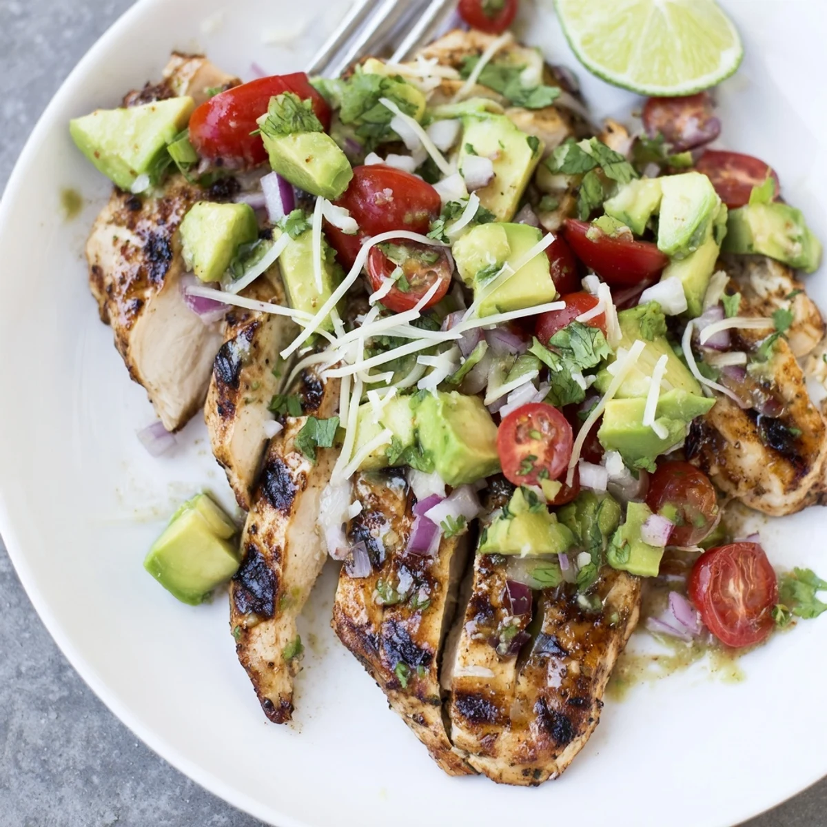 Juicy Fiesta Lime Chicken With Avocado marinated in zesty lime, garlic, and spices